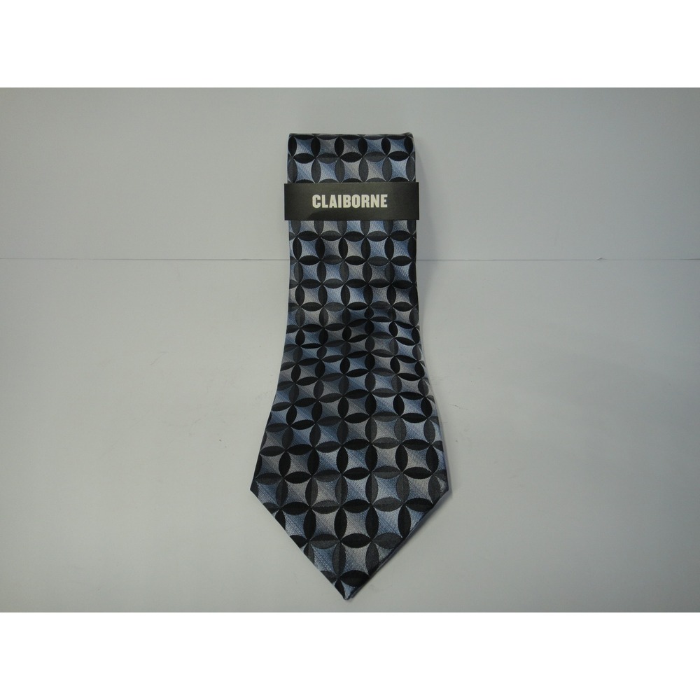 Claiborne Men's 100% Silk Necktie Black Grey Blue Geometric Circle Pattern NEW